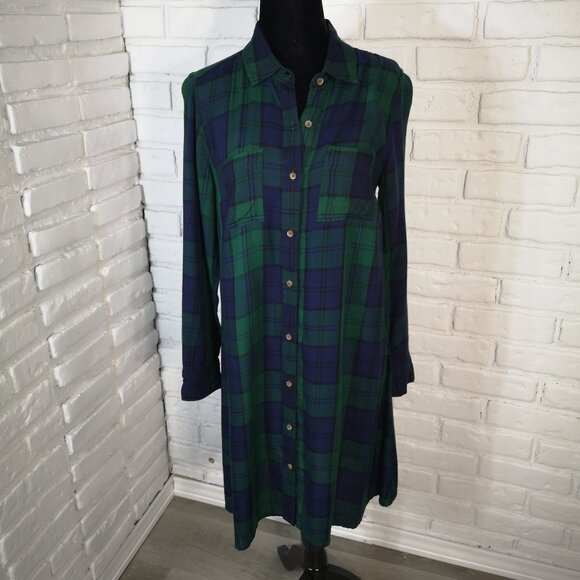 Old Navy Dresses & Skirts - Old Navy Ladies Size XS Navy & Green Plaid Button Front Made in India Dress